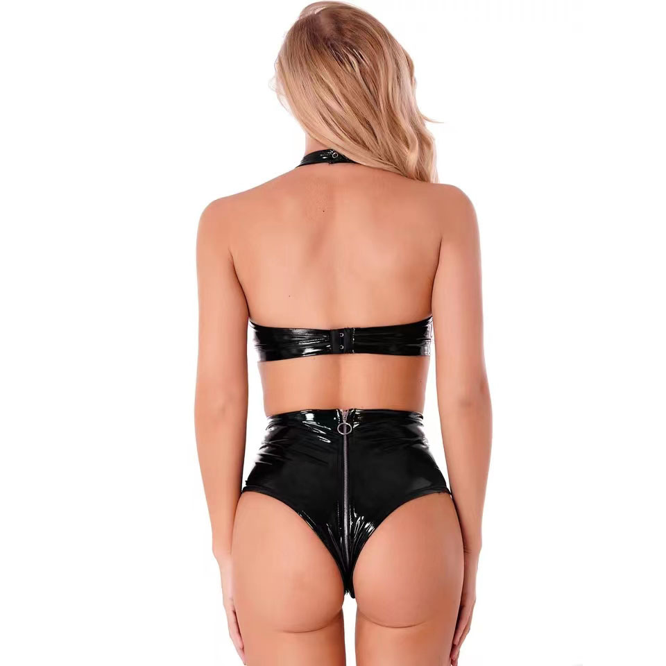 Sexy Black Shiny Pu Latex Leat - Minimizer Bra Women review and price